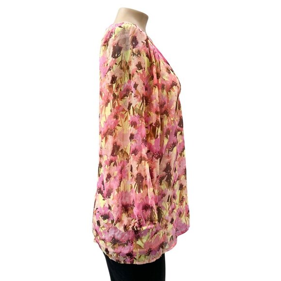 Sundance Silk Boho Floral 3/4 Sleeve V-Neck Tunic Top Watercolor Pink Women S - Picture 3 of 10